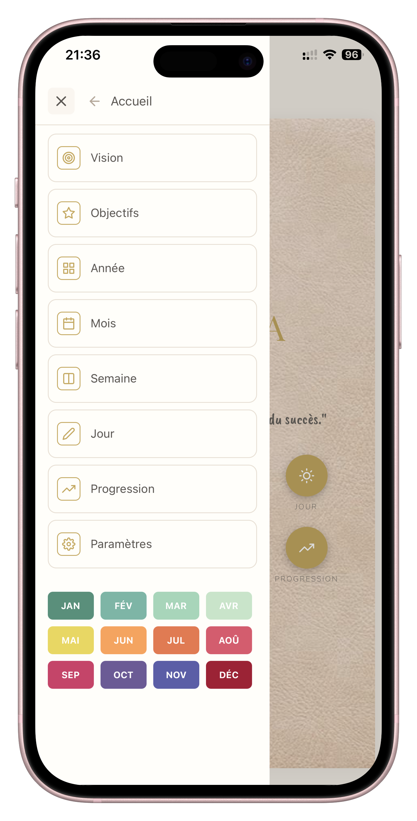 JODLA menu — navigation agenda